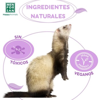 Ein stehender Frettchen mit einem hellbraunen und weißen Fell, umgeben von Text, der "Ingredientes Naturales," "Sin Tóxicos," und "Vegan Friendly" liest.