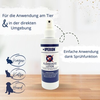 IPERON Flohschutz Lotion Sprühflasche auf einem Holztisch; sichtbarer Text: 'Einfache Anwendung dank Sprühfunktion'.