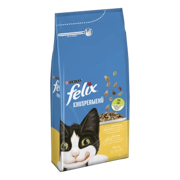 Eine Tüte Purina Felix Knuspermenü Katzenfutter, mit einer verspielten schwarz-weißen Katze auf der Vorderseite, mit verstreuten Futterstücken.