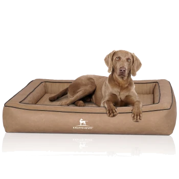 Ein brauner Hund liegt auf einem plüschigen, rechteckigen Haustierbett mit einem hellbraunen Außenmaterial und schwarzer Umrandung, mit dem Logo "KNUFFELWUFF."
