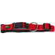 Rote Hundehalsband mit einer schwarzen Schnalle und verstellbarem Riemen, mit einem Metall-D-Ring zur Leinenbefestigung und einem 'HUNTER'-Logo.