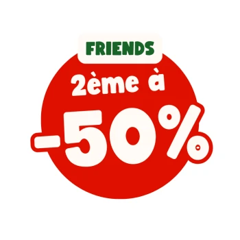 Badge de vente rouge indiquant 'FRIENDS' en haut et '2ème à -50%' en blanc, indiquant le deuxième article à -50%.