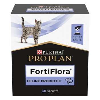 Schachtel Purina Pro Plan FortiFlora Katzenprobiotikum, 30 Beutel, mit stehender Katzenabbildung und "Great Taste"-Auszeichnung