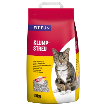 Bag of Fit+Fun clumping cat litter, 10kg, with image of a tabby cat and litter scoop illustration.