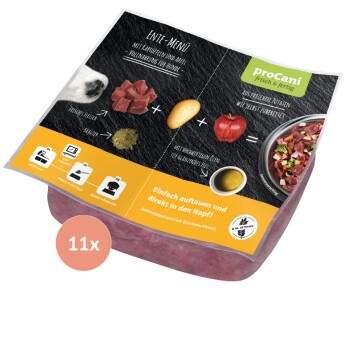 Hundefutterverpackung mit "Ente-Menü" mit Zutaten: frisches Fleisch, Kartoffel und Apfel. Der Text besagt: "Einfach auftauen und direkt in den Napf!"