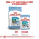Royal Canin Puppy Mini dog food packaging featuring dry kibbles and chunks in gravy, labeled "Healthy and Balanced Combination."