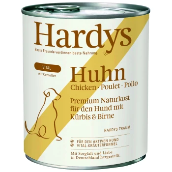 Puszka karmy dla psów Hardys oznaczona "Huhn" (Kurczak) z dynią i gruszką, z ilustracją psa i tekstem o premium wartości odżywczej.