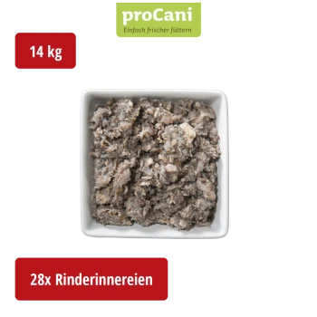 Verpacktes Haustierfutter mit der Aufschrift "proCani" und grünem Pansen, mit einer malerischen Hintergrund und dem Text "Blättermagen / Pansen grün."