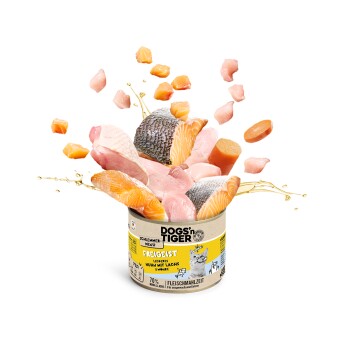 Eine Dose DOGS'n TIGER Haustierfutter mit der Aufschrift "FREIGEIST" mit Stücken von Lachs und Huhn, die herausfliegen, und eine Vielzahl frischer Zutaten zeigen.