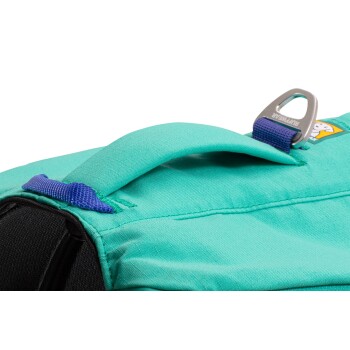 Nahaufnahme einer türkisfarbenen Haustiertragetasche mit einem lila Griff und einem Metallclip, entworfen für den Transport von Haustieren.