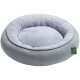 Gemütliches rundes Haustierbett in Grau mit einem weichen Plüschinneren und einem grünen Etikett mit der Aufschrift "Hunter."