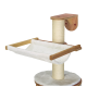 Katzenspielbaum aus Holz mit einer weichen, weißen Hängematte und einem mit Sisal umwickelten Kratzbaum, entworfen für den Komfort und das Spiel von Haustieren.