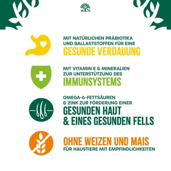 Die Verpackung für Haustierfutter hebt Vorteile hervor: gesunde Verdauung, Immununterstützung, gesunde Haut und Fell, getreidefrei für empfindliche Haustiere.
