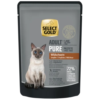 Pâté Select Gold Adult Pure Sanglier sans céréales pour chat, 72 % sanglier, sans sucre ajouté ni soja, pour chats de plus d'un an.