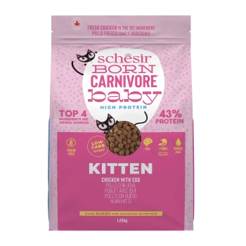 Pink bag of Schesir Born Carnivore Baby kitten food, chicken with egg, 43% protein, grain free, 1.25kg.
