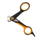 Schwarz-orangene scherenartige Krallenschneider für Haustiere mit Edelstahlklingen, 'FISKARS' auf der Klinge sichtbar.