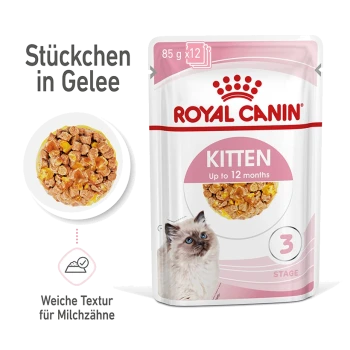 Royal Canin Kittenfutterbeutel, 85g x 12, mit weichen Stückchen in Gelee, geeignet für Kätzchen bis zu 12 Monaten, mit einem Katzenbild.