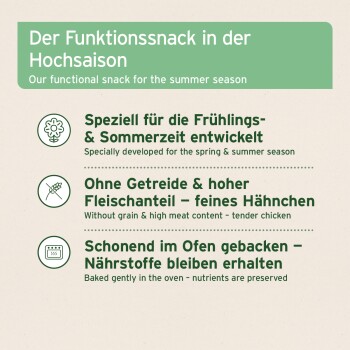 Funktioneller Snacks für Haustiere für den Sommer, getreidefrei, hoher Hühneranteil, schonend gebacken, um Nährstoffe zu erhalten.