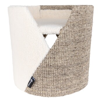 Ein gemütliches Haustierbett mit einem weichen cremefarbenen Innenraum und einem strukturierten beigen Äußeren, entworfen für Komfort und Stil.