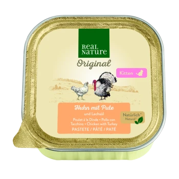Real Nature Kittenfutter in einem goldverzierten Behälter, mit Huhn, Pute und Lachsöl. Text: "Huhn mit Pute und Lachöl."