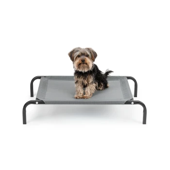 erhöhte Hundeliege grau S Ein kleiner, flauschiger Hund sitzt auf einem grauen erhöhten Haustierbett mit schwarzen Metallbeinen und zeigt einen komfortablen Ruheplatz.