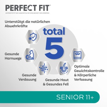 "Perfect Fit" Tiernahrung für Senioren 11+, die 5 Gesundheitsvorteile zeigt: natürliche Abwehrkräfte, Harnwegsgesundheit, Verdauung, Haut & Fell, Gewichtskontrolle.