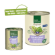 Zwei Dosen Real Nature Haustierfutter mit Ente und Spinat, beschriftet mit 'Erwachsene' und 'Super Food', mit einem Hinweis auf das neue Design.