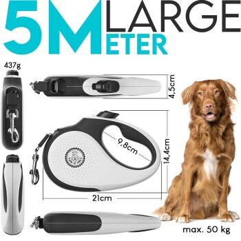 Eine ausziehbare Hundeleine mit einer Länge von 5 Metern, entworfen für große Hunde bis 50 kg, mit Abmessungen und einem Gewicht von 437 g.