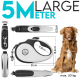Eine ausziehbare Hundeleine mit einer Länge von 5 Metern, entworfen für große Hunde bis 50 kg, mit Abmessungen und einem Gewicht von 437 g.