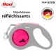 Laisse rétractable pour chien rose et grise avec des côtés réfléchissants et le logo "NEW NEON."