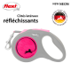 Laisse rétractable pour chien rose et grise avec des côtés réfléchissants et le logo "NEW NEON."