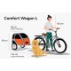 Illustration eines Comfort Wagon L Tieranhängers, der an einem Fahrrad befestigt ist, mit beschrifteten Abmessungen und einer Person, die neben ihm mit einem Golden Retriever steht.