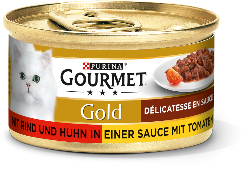 Gourmet Gold Délicatesse en Sauce 12x85g Rind & Huhn in Tomatensauce