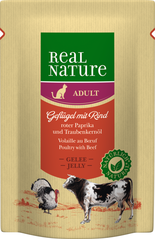 REAL NATURE Classic Adult 12x85g Geflügel mit Rind, roter Paprika und Traubenkernöl in Gelée