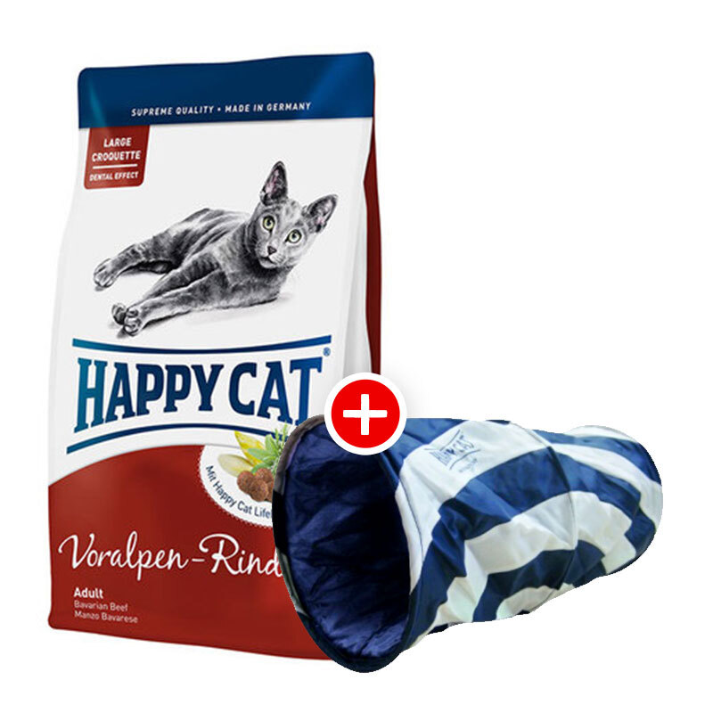 Happy Cat Adult Voralpen-Rind 4kg + Rascheltunnel