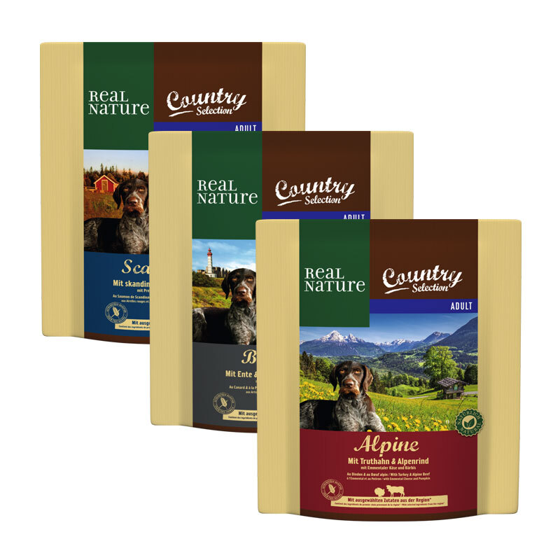 REAL NATURE Country Selection Adult Probierpaket 3x1kg Paket 2: Truthahn, Ente, Lachs