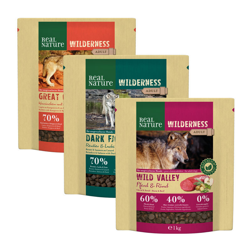 WILDERNESS Adult Probierpaket 3x1kg Paket 5: Pferd, Kaninchen, Rentier