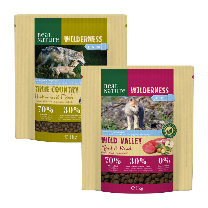 REAL NATURE Wilderness Junior Probierpaket 2x1kg Huhn mit Fisch / Pferd & Rind