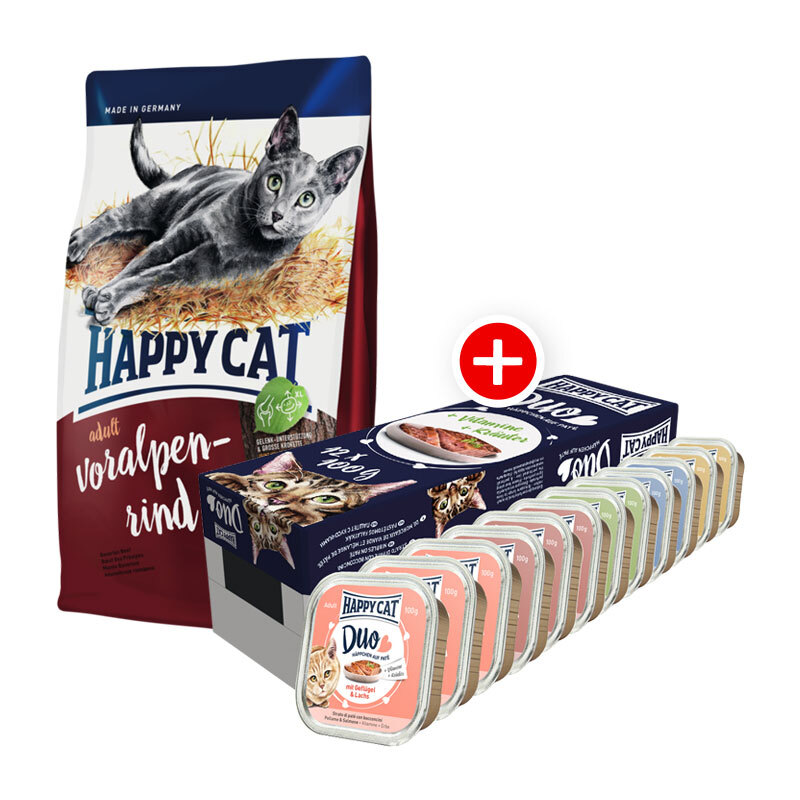 Adult Voralpen-Rind Mischfütterungs-Set Happy Cat 4kg + Happy Cat Duo Pâté 12x100g