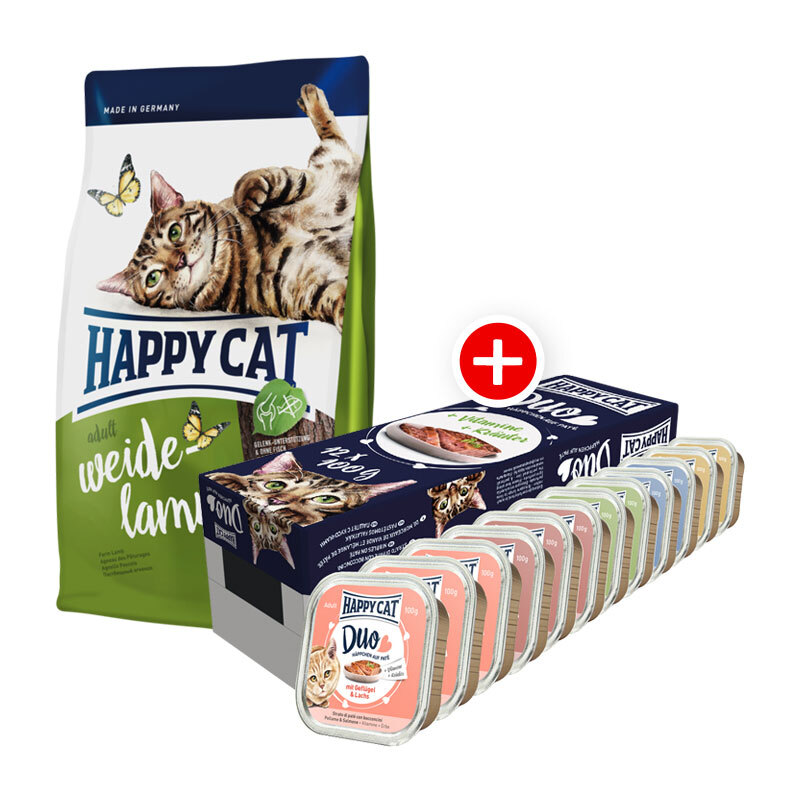 Adult Weide-Lamm Mischfütterungs-Set Happy Cat 4kg + Happy Cat Duo Pâté 12x100g