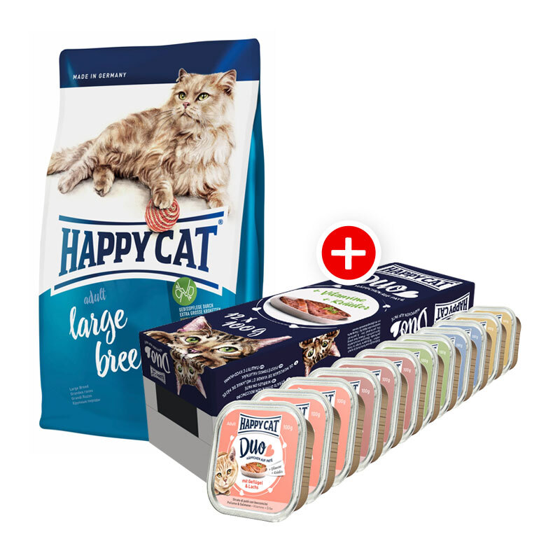 Adult Large Breed Mischfütterungs-Set Happy Cat 4kg + Happy Cat Duo Pâté 12x100g
