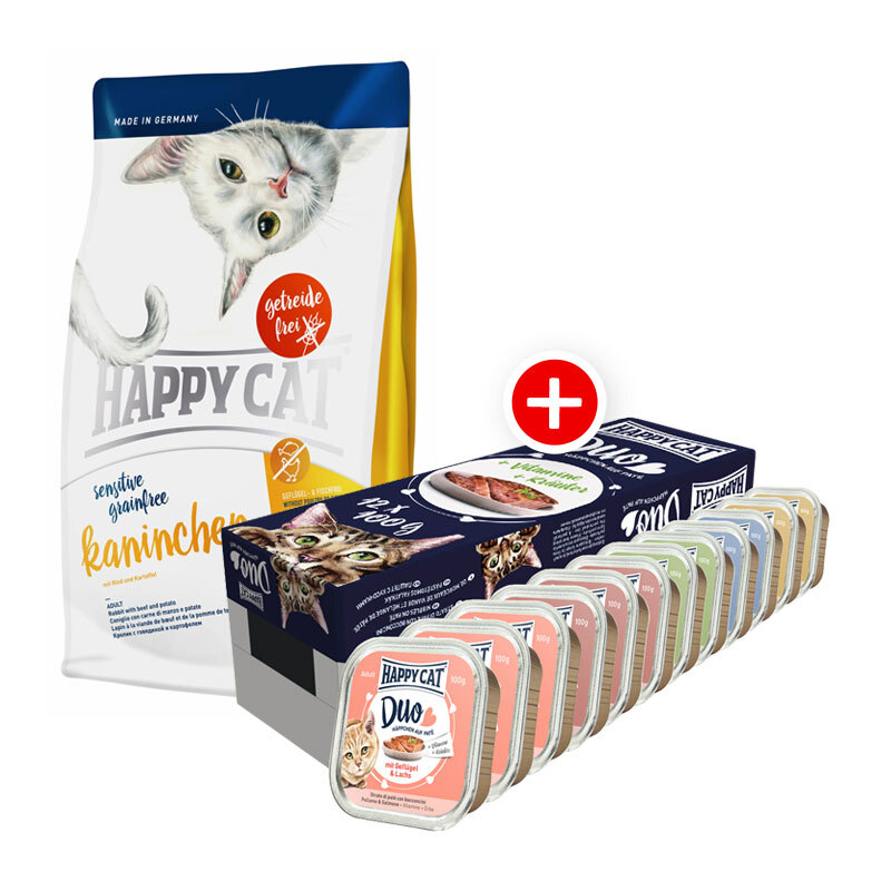 Sensitive Grainfree Kaninchen Mischfütterungs-Set Happy Cat 4kg + Happy Cat Duo Pâté 12x100g