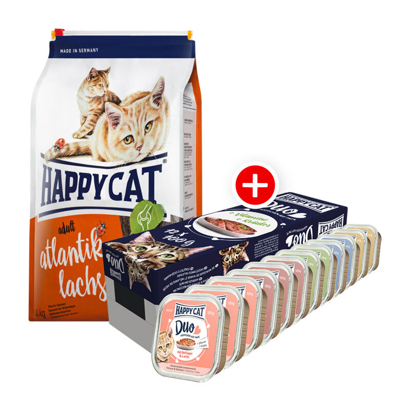 Happy Cat Adult Atlantik-Lachs Mischfütterungs-Set Happy Cat 4kg + Happy Cat Duo Pâté 12x100g