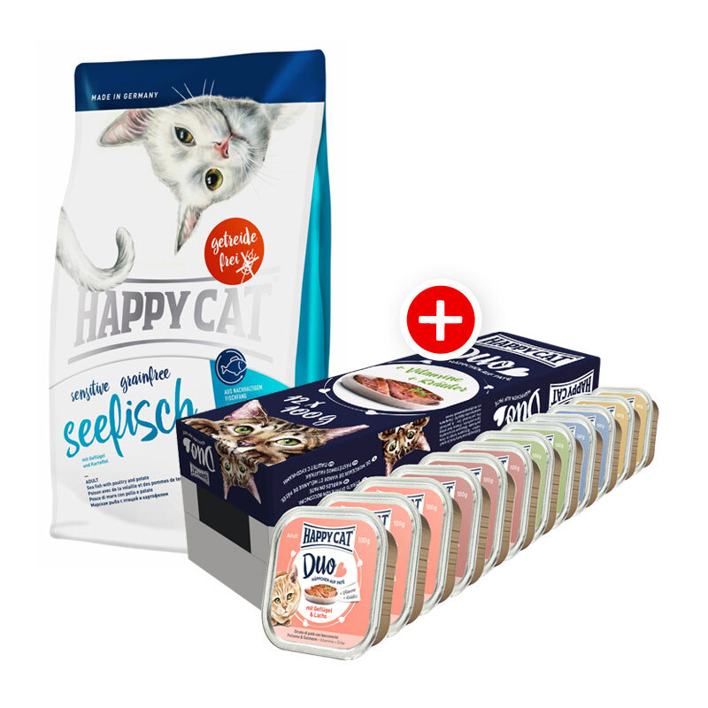 Happy Cat Sensitive Grainfree Seefisch Mischfütterungs-Set Happy Cat 4kg + Happy Cat Duo Pâté 12x100g