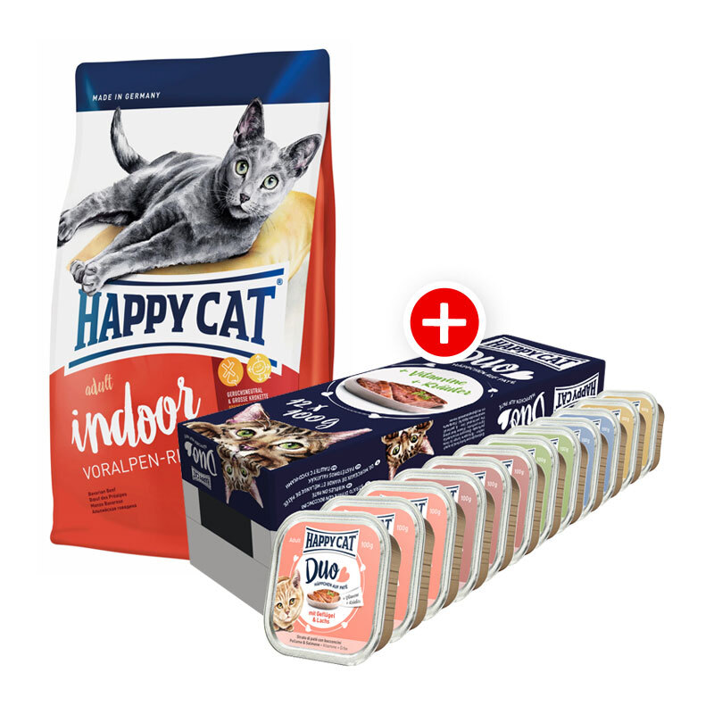 Happy Cat Adult Indoor Voralpen-Rind Mischfütterungs-Set Happy Cat 4kg + Happy Cat Duo Pâté 12x100g