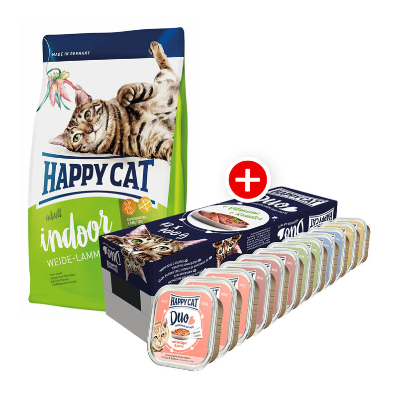 Adult Indoor Weide-Lamm Mischfütterungs-Set Happy Cat 4kg + Happy Cat Duo Pâté 12x100g