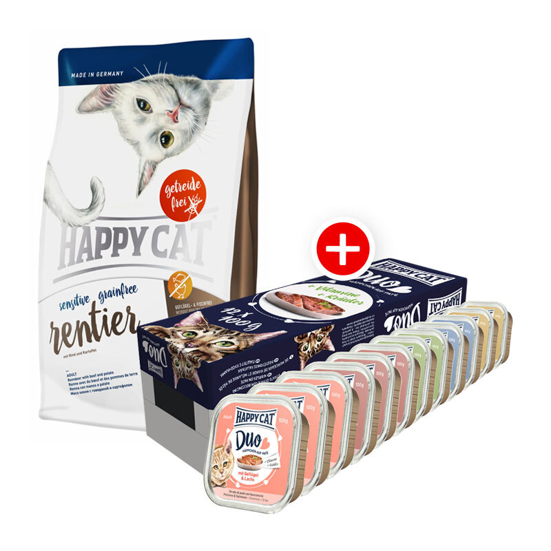 Sensitive Grainfree Rentier Mischfütterungs-Set Happy Cat 4kg + Happy Cat Duo Pâté 12x100g