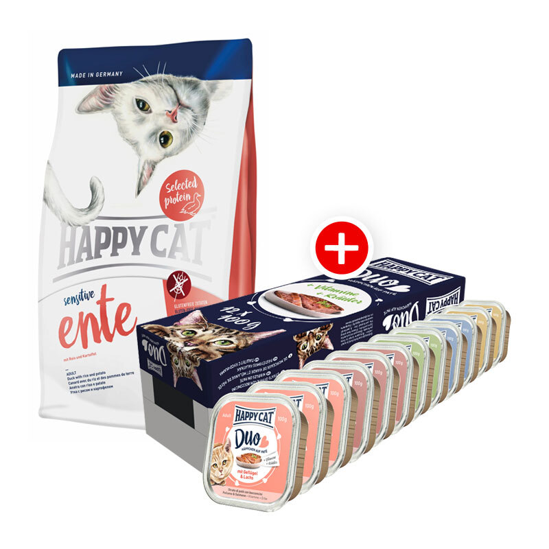 Sensitive Ente Mischfütterungs-Set Happy Cat 4kg + Happy Cat Duo Pâté 12x100g
