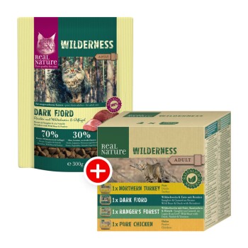 WILDERNESS Adult Set di alimentazione mista 2pz. Dark Fjord 300 g + 4x100 g Adult Confezione multipla