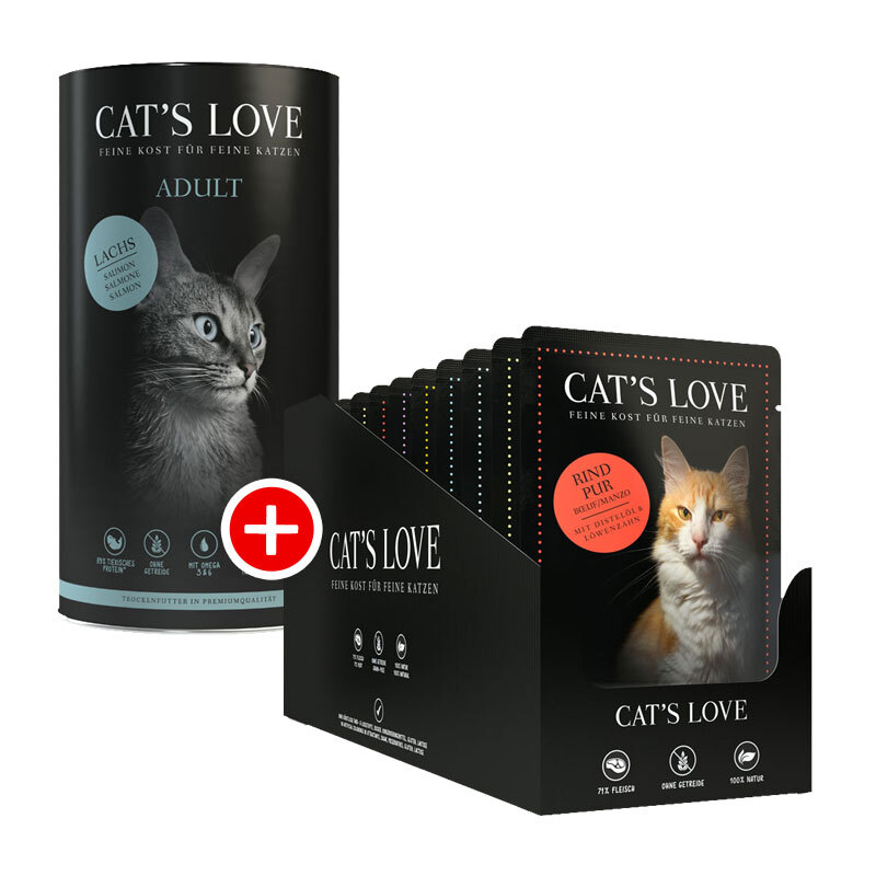 Cat's Love Adult Mischfütterung Set 2 2tlg. Cat's Love Adult Lachs 1kg + Cat's Love Multipack 12x85g